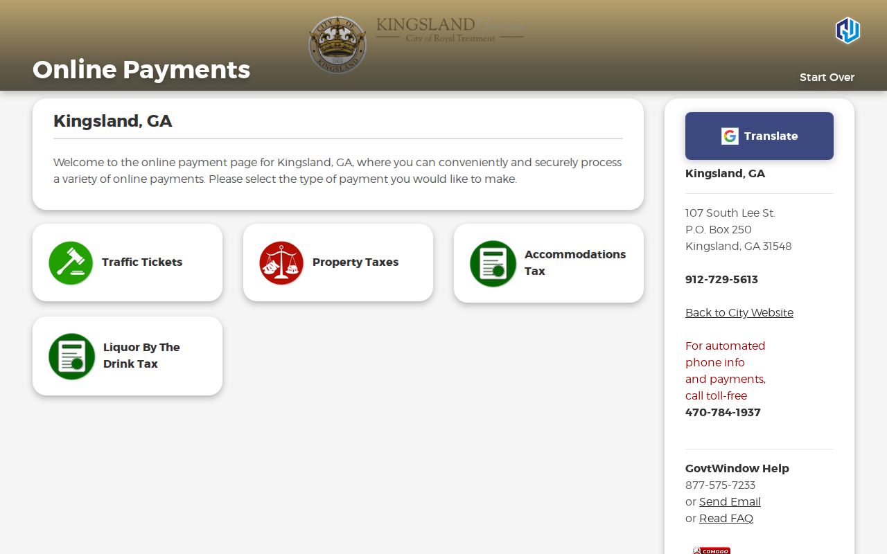 Kingsland warrant records and official city citation payment start screen