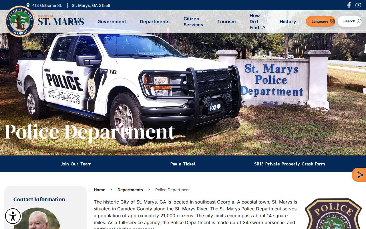 St. Marys Police Department contact page for city warrant questions
