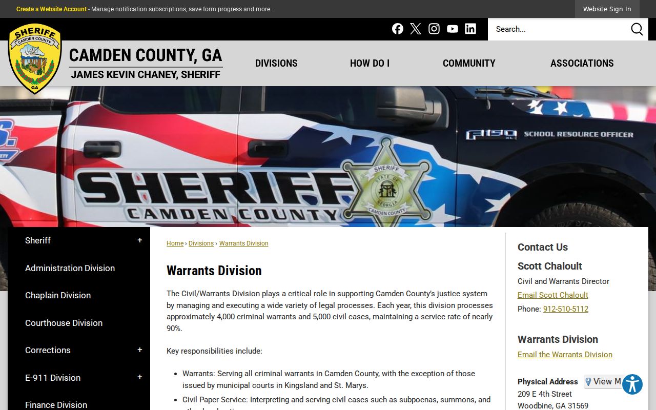 Camden County warrant records Civil and Warrants Division page